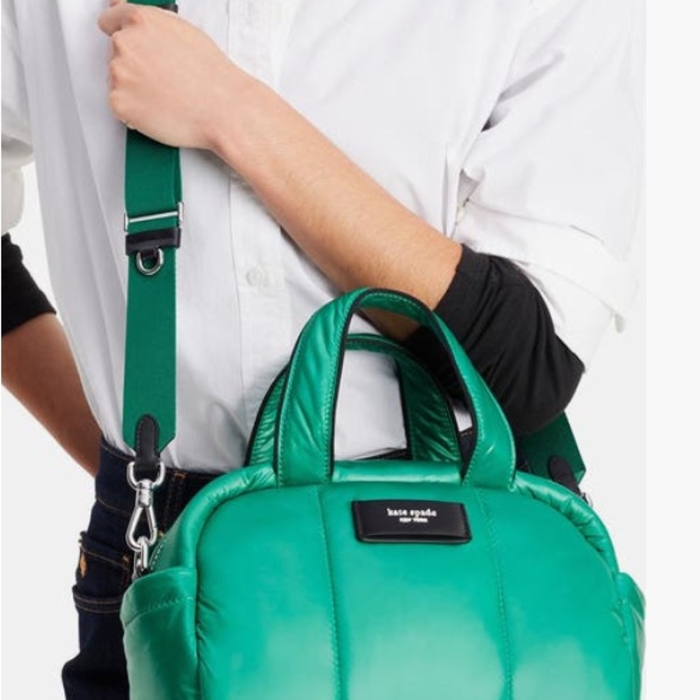 Kate Spade Fabric & Leather Trim Choux Puffy Satchel Crossbody Green NWOT - Picture 15 of 16